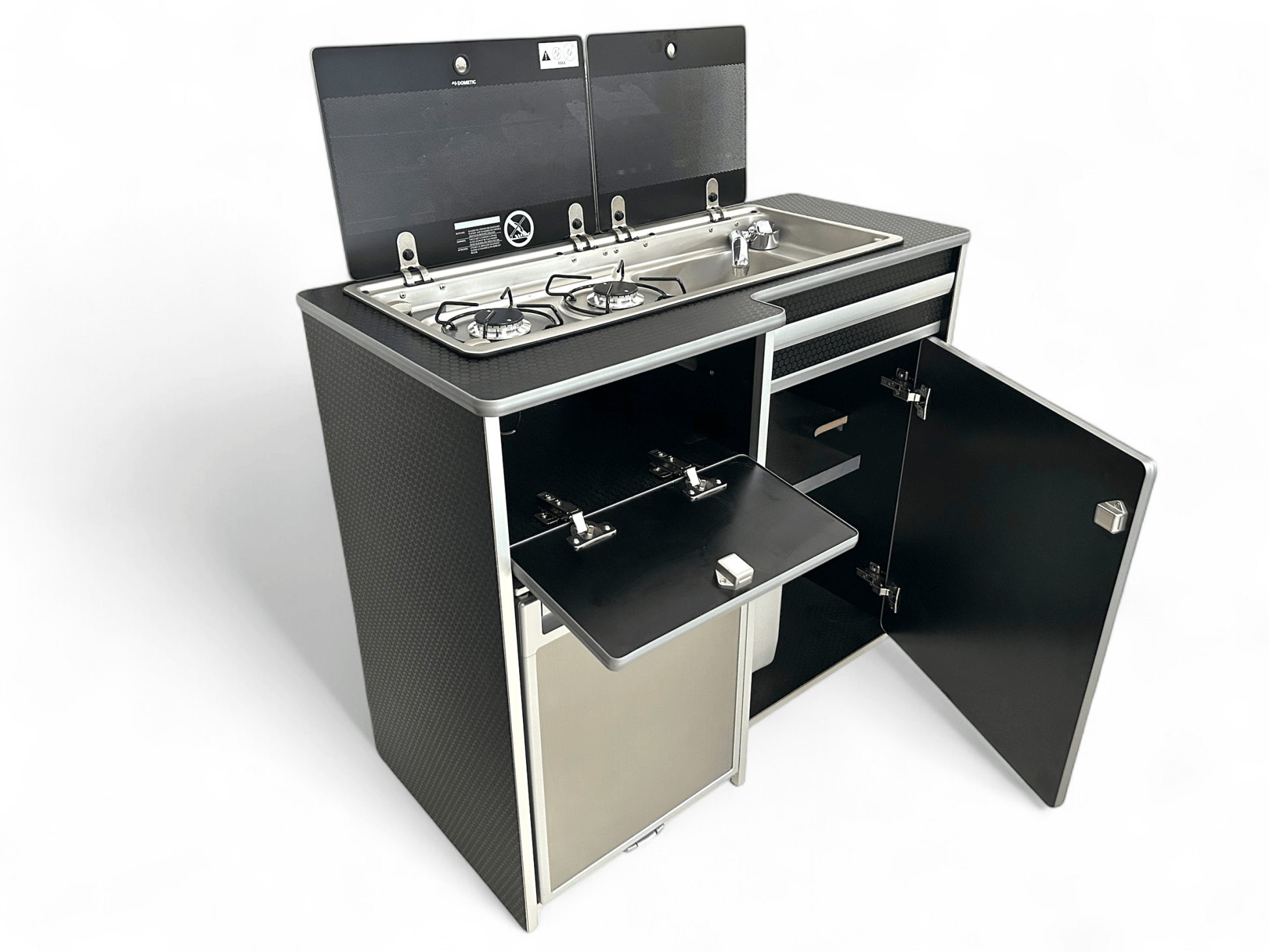 IN STOCK Fridge - Pod 50L campervan kitchen by Vangear (NOT including fridge) - Black Hex - Hinged Door - Vangear UK