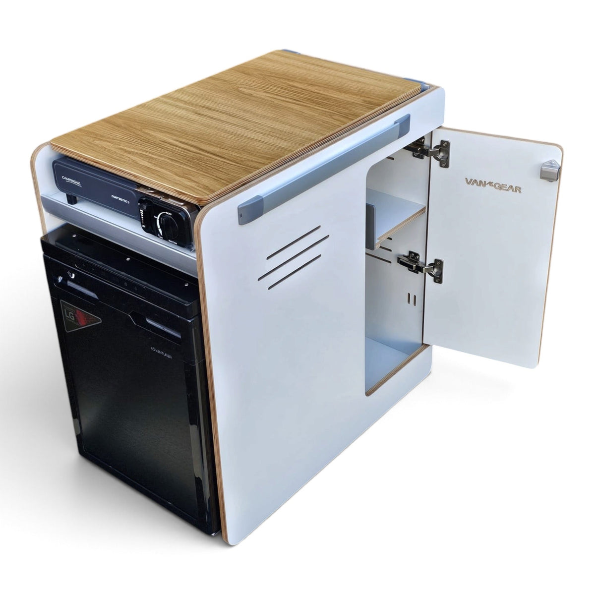 Limited Edition Vangear stove CRX-Pod 3.0 campervan kitchen fridge pod - White with exposed ply edge - Vangear UK
