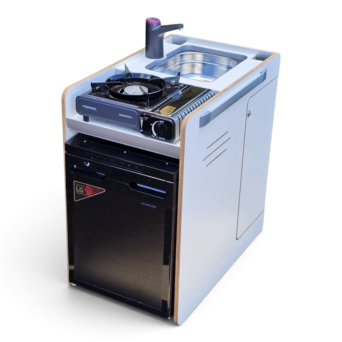 Limited Edition Vangear stove CRX-Pod 3.0 campervan kitchen fridge pod - White with exposed ply edge - Vangear UK