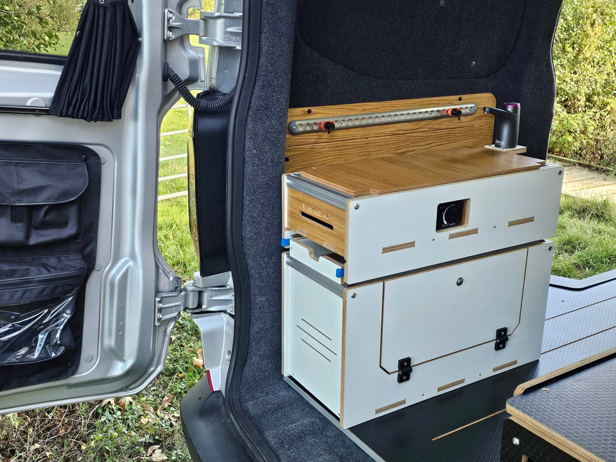 Vangear Caddy-Pod 2.0 sliding campervan kitchen - Limited Edition White and Oak - Vangear UK