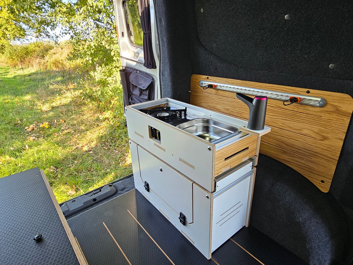 Vangear Caddy-Pod 2.0 sliding campervan kitchen - Limited Edition White and Oak - Vangear UK